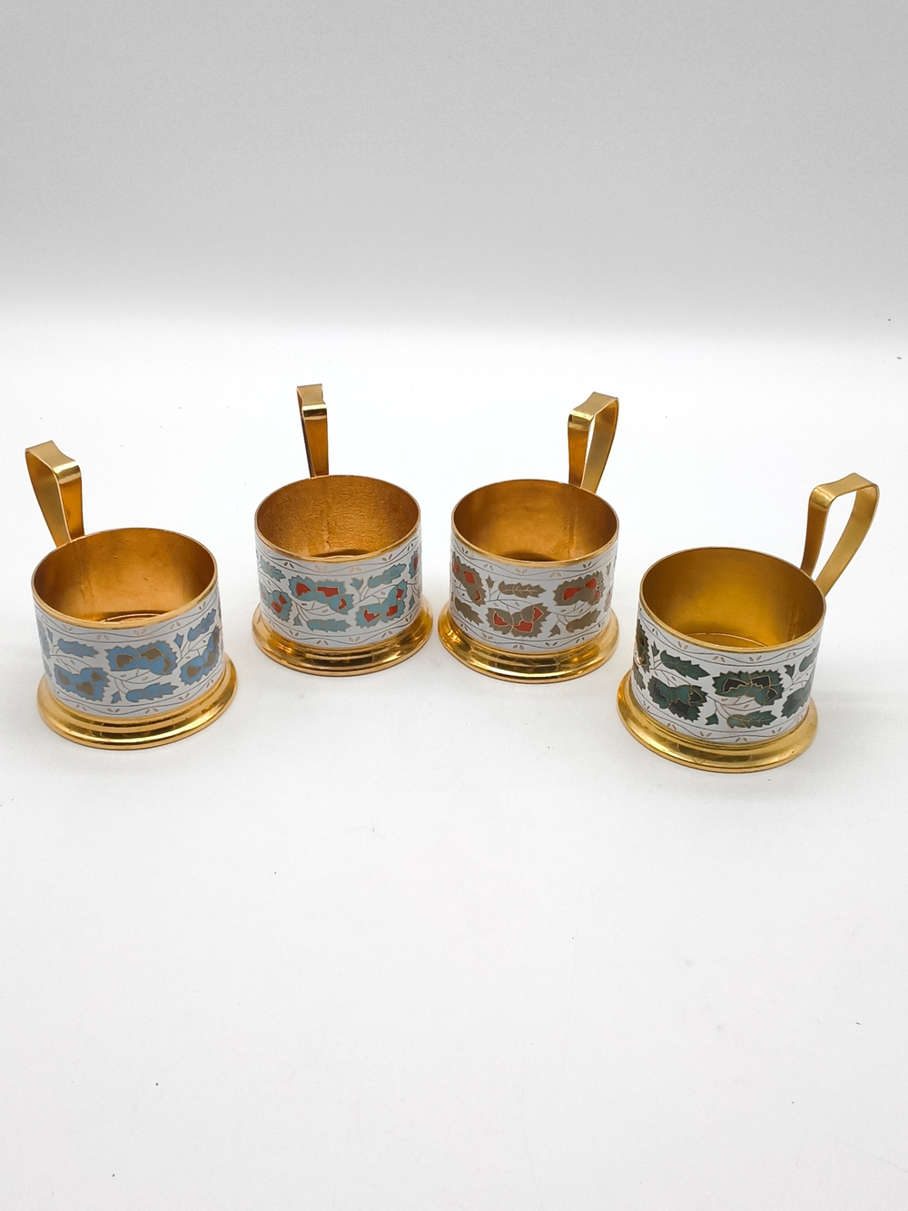 Vintage Soviet Cloisonne Enamel Podstakannik Tea Glass Holders Set of 4 - USSR